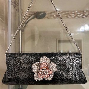 Rhinestone Flower Embelished Black White Snakeskin Evening Night Party Clutch
